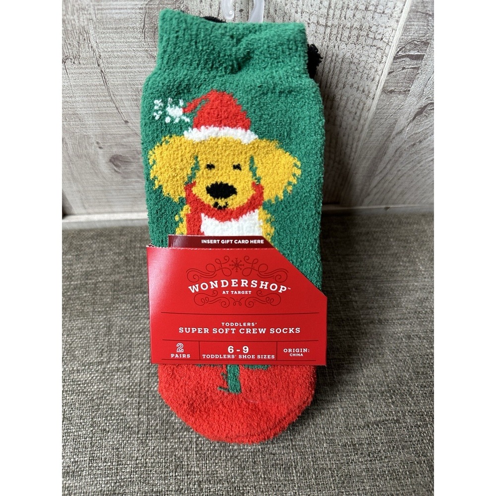 Wondershop Toddlers Christmas Fuzzy Socks Size 6-9 Puppy Santa Hat & Plaid